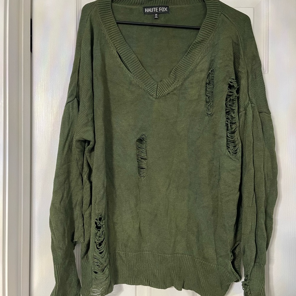 Haute Fox Olive Distressed Sweater